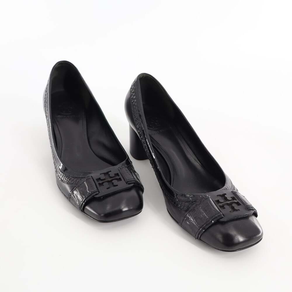 Tory Burch 8M Rita Block Heels Snake Trim Logo Medallion Leather Pump